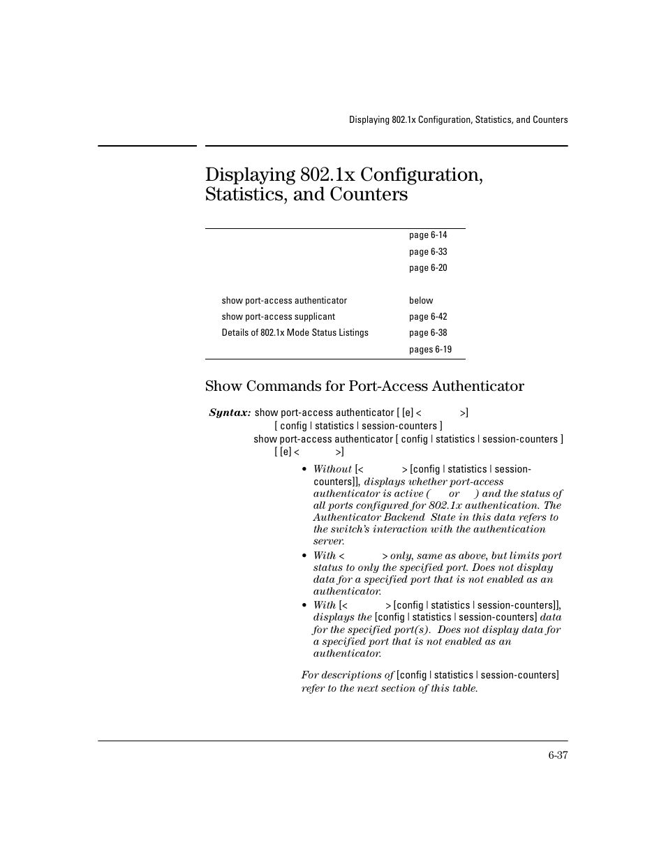 Show commands for port-access authenticator, E 6-37 | HP 4100GL User Manual | Page 171 / 228