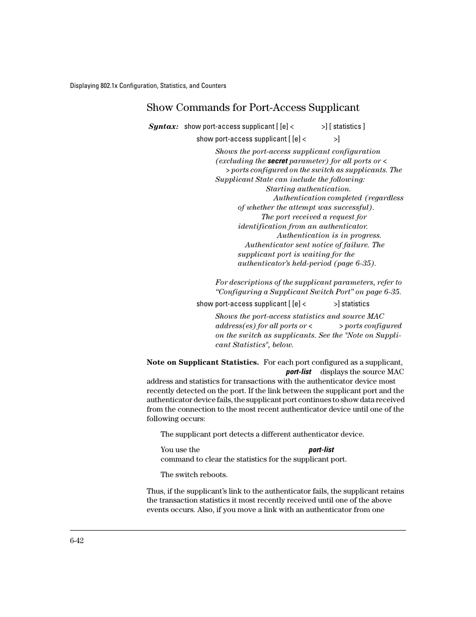 Show commands for port-access supplicant, Note on supplicant statistics, Show commands for port-access supplicant -42 | HP 4100GL User Manual | Page 176 / 228
