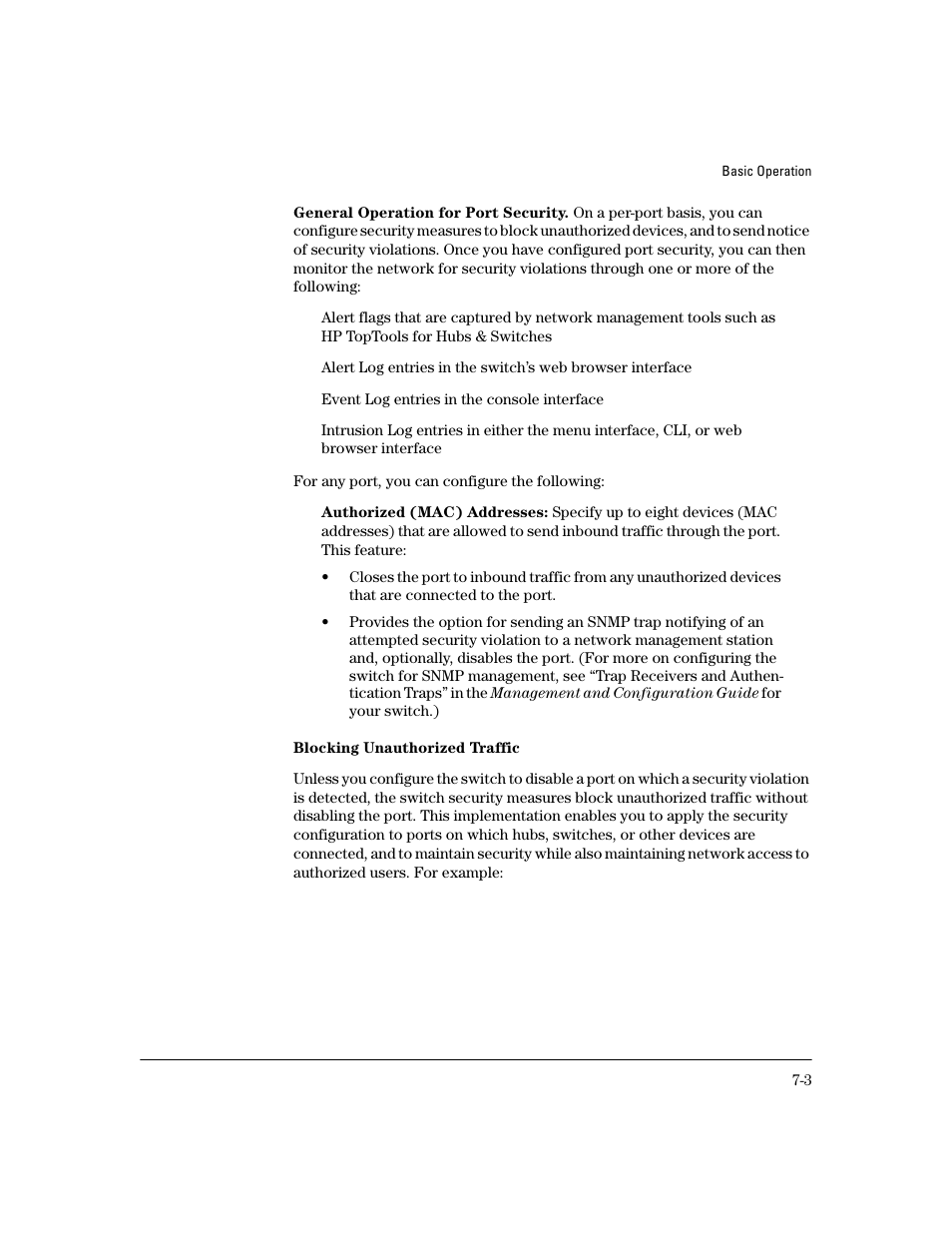 General operation for port security, Blocking unauthorized traffic, Blocking unauthorized traffic -3 | HP 4100GL User Manual | Page 185 / 228