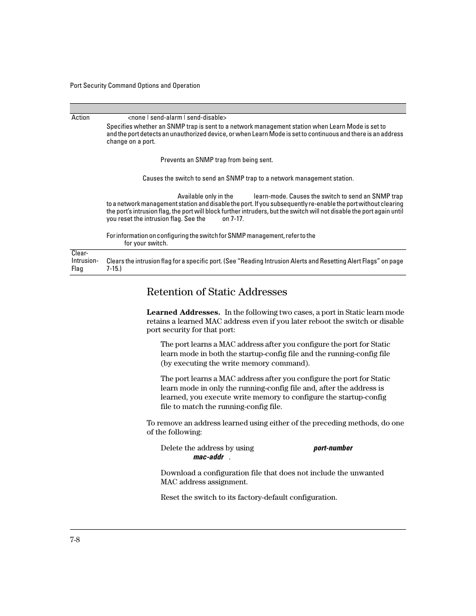 Retention of static addresses, Learned addresses, Retention of static addresses -8 | HP 4100GL User Manual | Page 190 / 228