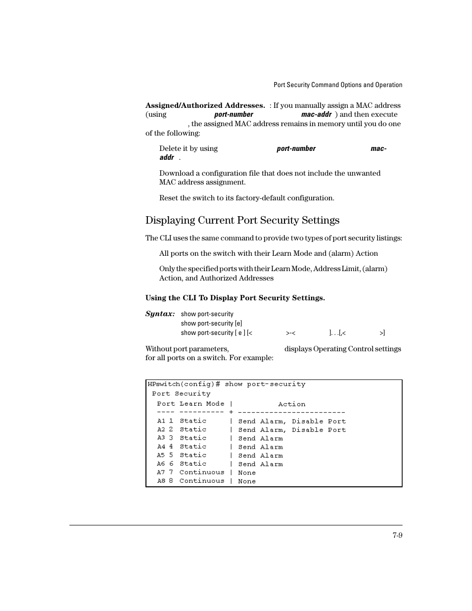 Assigned/authorized addresses, Displaying current port security settings, Using the cli to display port security settings | Displaying current port security settings -9 | HP 4100GL User Manual | Page 191 / 228