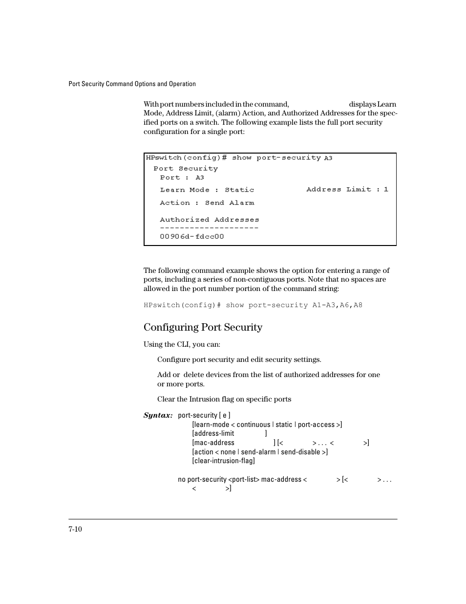 Configuring port security, Configuring port security -10, Rt-security 7-10 | HP 4100GL User Manual | Page 192 / 228