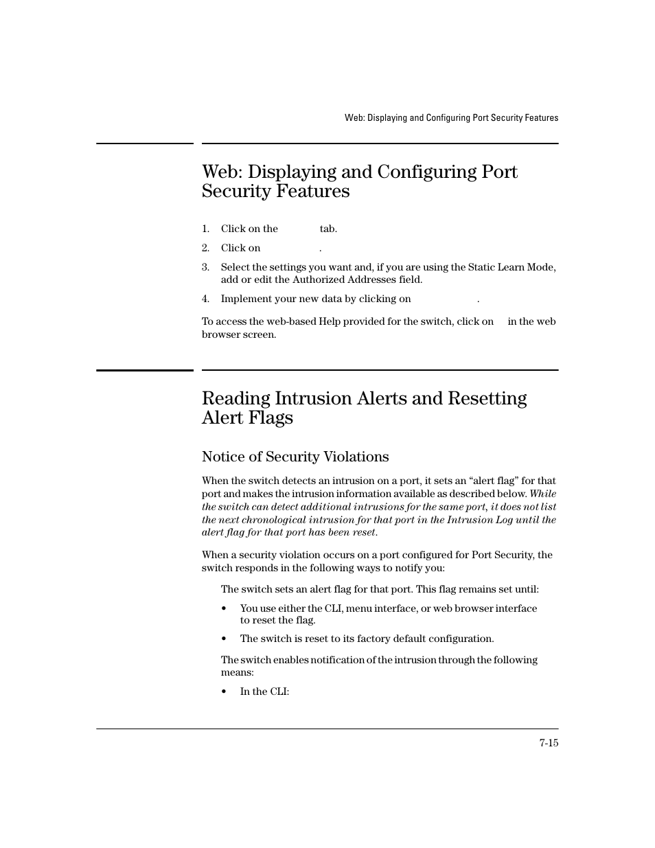Reading intrusion alerts and resetting alert flags, Notice of security violations, Notice of security violations -15 | HP 4100GL User Manual | Page 197 / 228