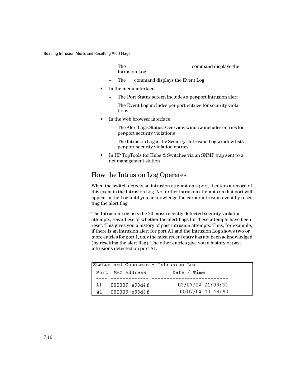 How the intrusion log operates, How the intrusion log operates -16 | HP 4100GL User Manual | Page 198 / 228