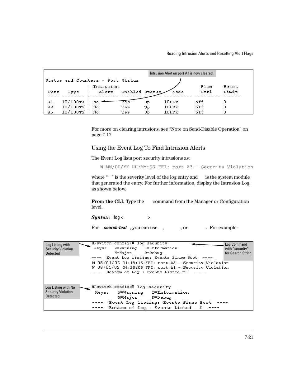 Using the event log to find intrusion alerts, From the cli, Using the event log to find intrusion alerts -21 | HP 4100GL User Manual | Page 203 / 228