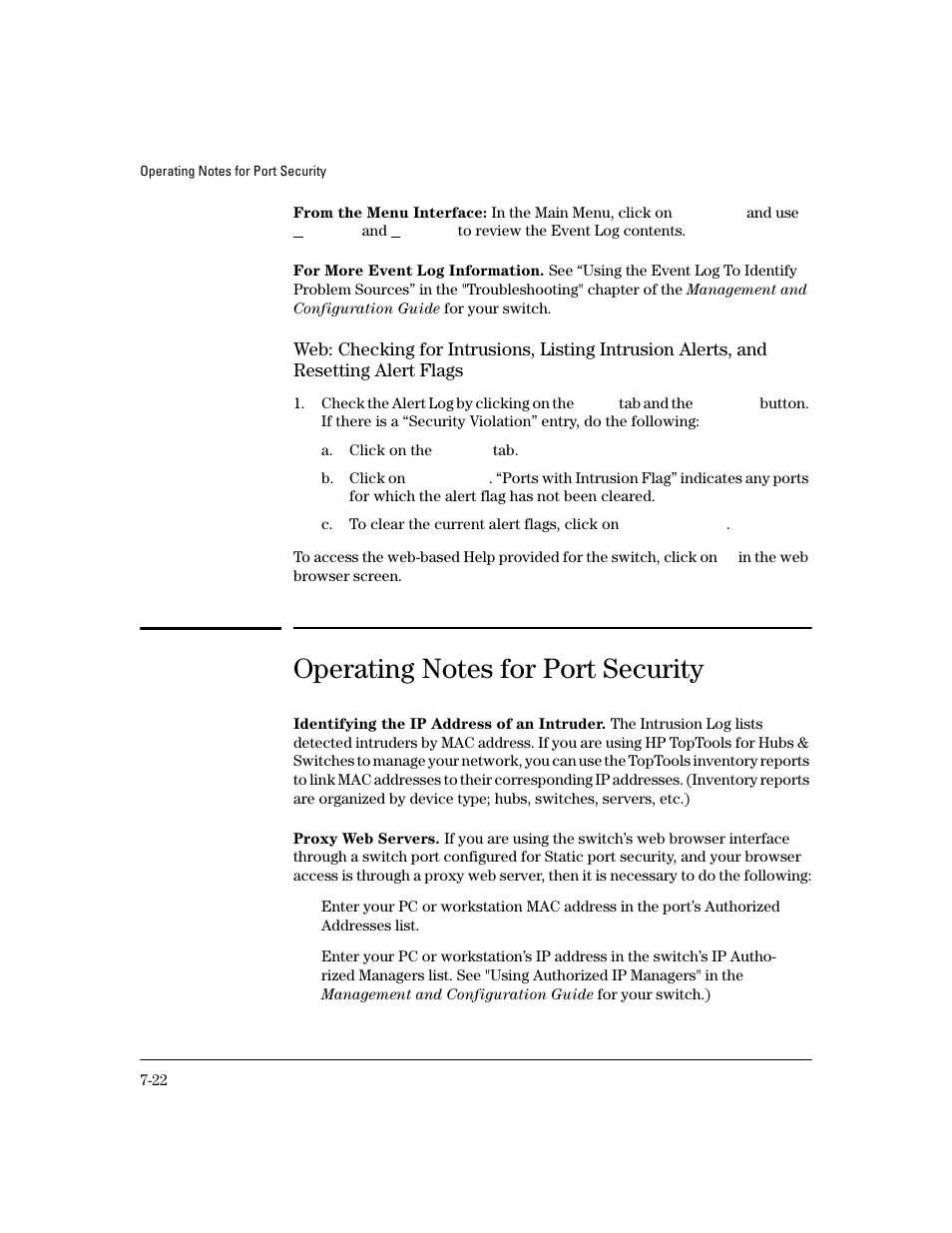 From the menu interface, For more event log information, Operating notes for port security | Identifying the ip address of an intruder, Proxy web servers, And resetting alert flags -22 | HP 4100GL User Manual | Page 204 / 228