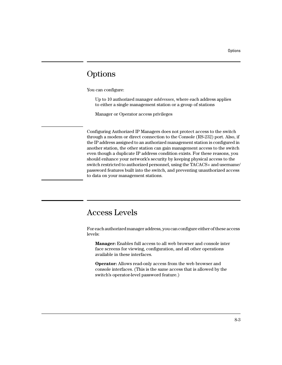 Options, Access levels | HP 4100GL User Manual | Page 209 / 228