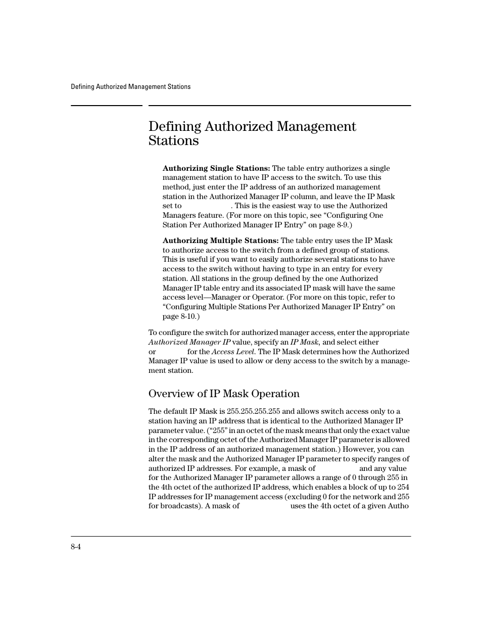 Defining authorized management stations, Overview of ip mask operation, Overview of ip mask operation -4 | HP 4100GL User Manual | Page 210 / 228