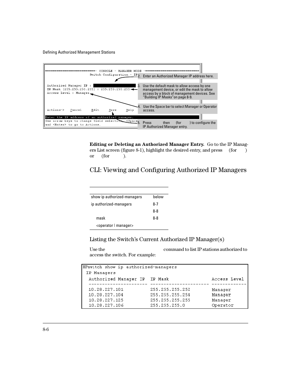 Editing or deleting an authorized manager entry | HP 4100GL User Manual | Page 212 / 228