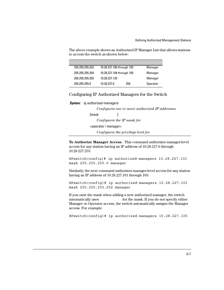 Configuring ip authorized managers for the switch, To authorize manager access | HP 4100GL User Manual | Page 213 / 228