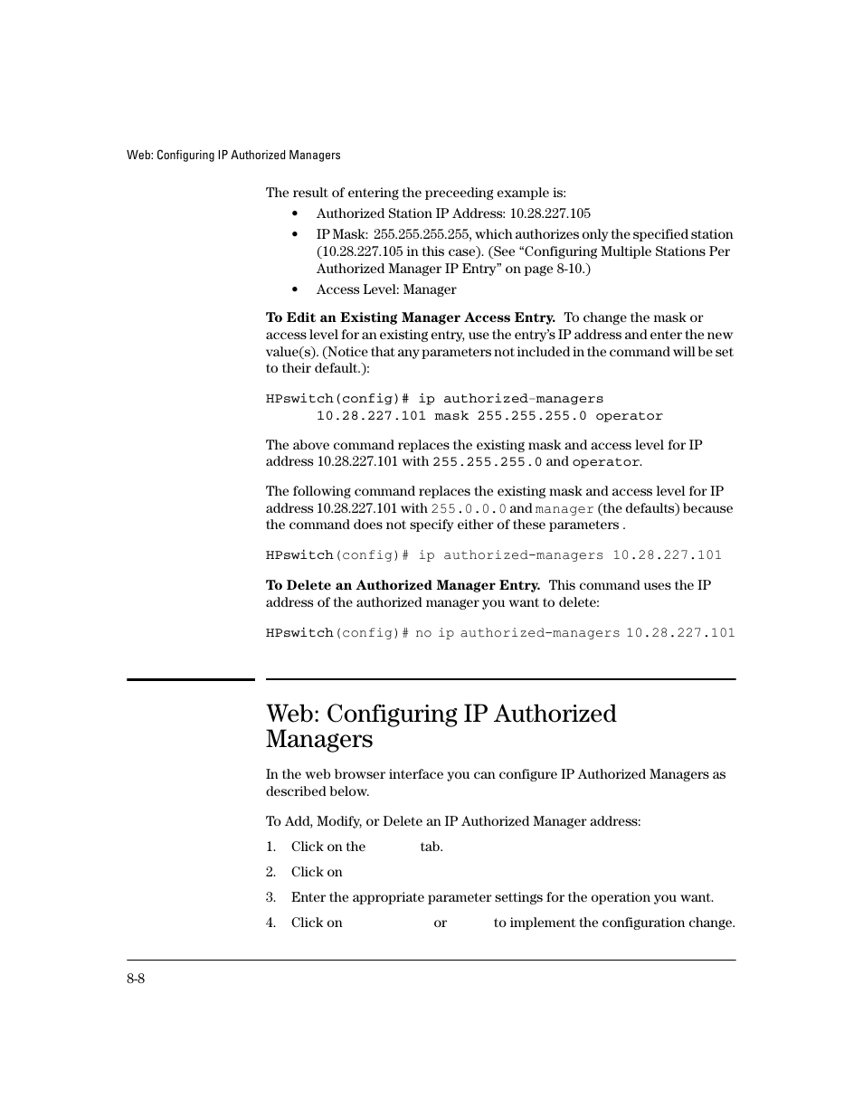 To edit an existing manager access entry, To delete an authorized manager entry, Web: configuring ip authorized managers | HP 4100GL User Manual | Page 214 / 228