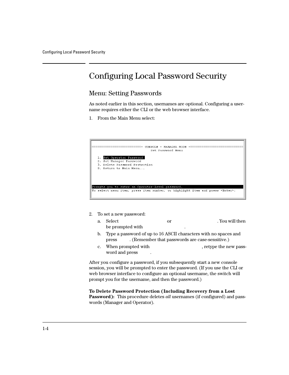 Configuring local password security, Menu: setting passwords, Menu: setting passwords -4 | HP 4100GL User Manual | Page 26 / 228