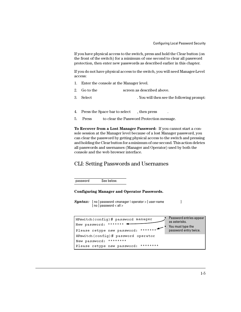 To recover from a lost manager password, Cli: setting passwords and usernames, Configuring manager and operator passwords | Cli: setting passwords and usernames -5 | HP 4100GL User Manual | Page 27 / 228