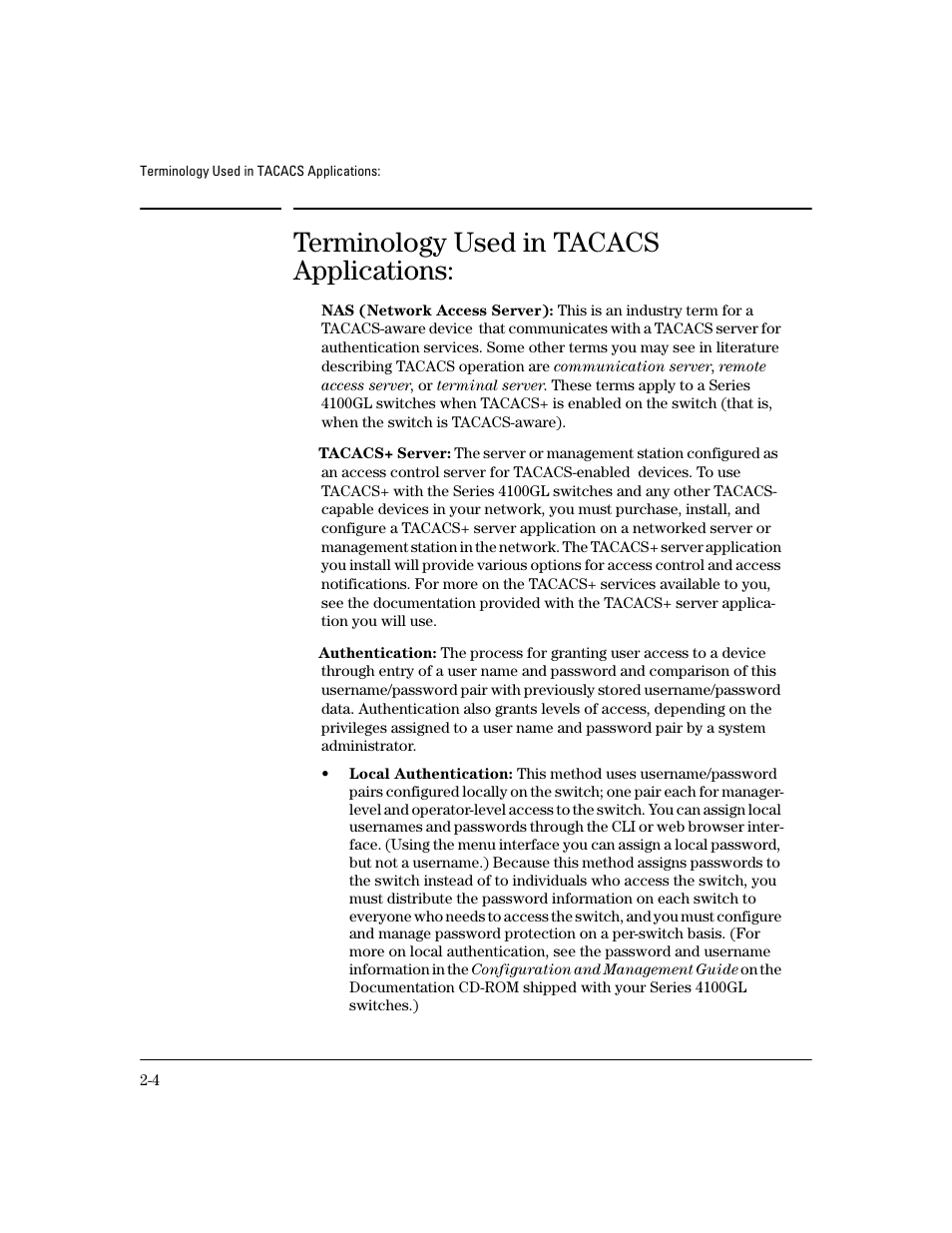 Terminology used in tacacs applications | HP 4100GL User Manual | Page 32 / 228