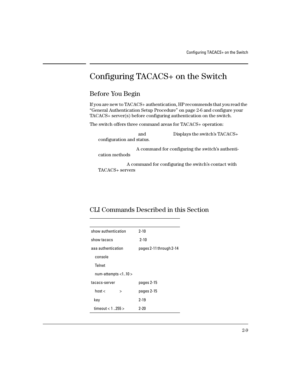 Configuring tacacs+ on the switch, Before you begin, Cli commands described in this section | Before you begin -9, Cli commands described in this section -9 | HP 4100GL User Manual | Page 37 / 228