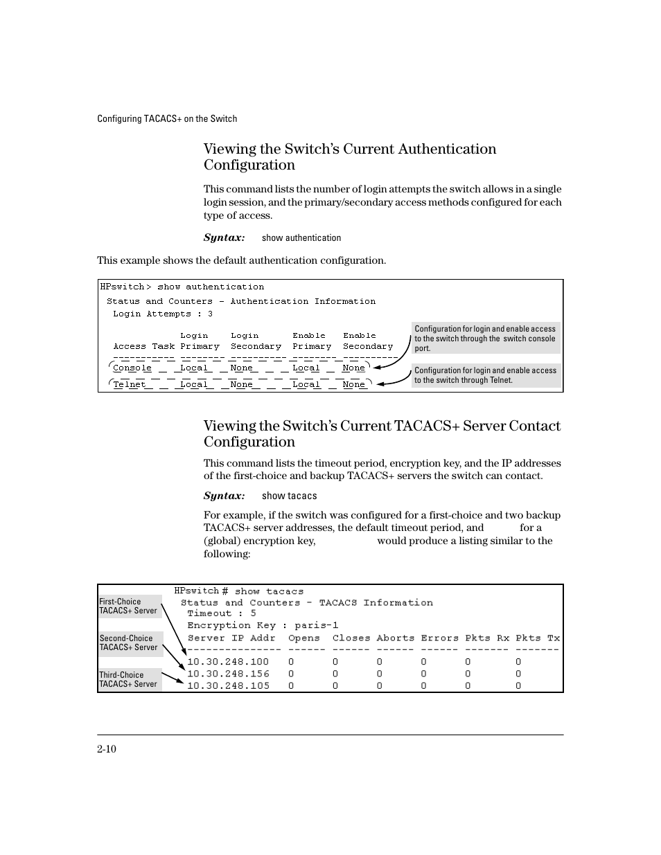Viewing the switch’s current tacacs+ server, Contact configuration -10 | HP 4100GL User Manual | Page 38 / 228