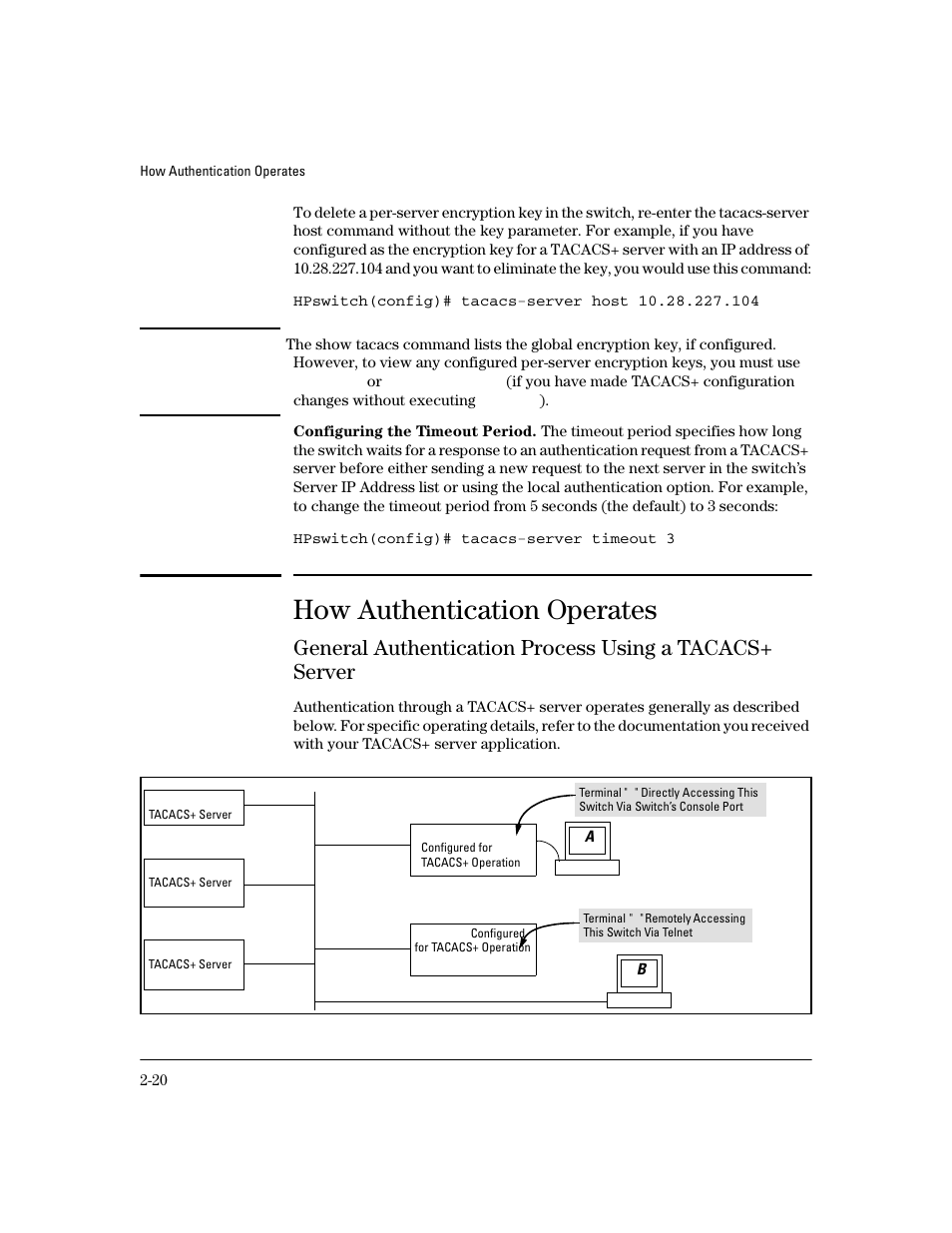 Configuring the timeout period, How authentication operates | HP 4100GL User Manual | Page 48 / 228
