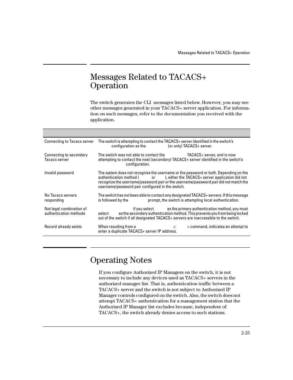 Messages related to tacacs+ operation, Operating notes, Messages | HP 4100GL User Manual | Page 53 / 228
