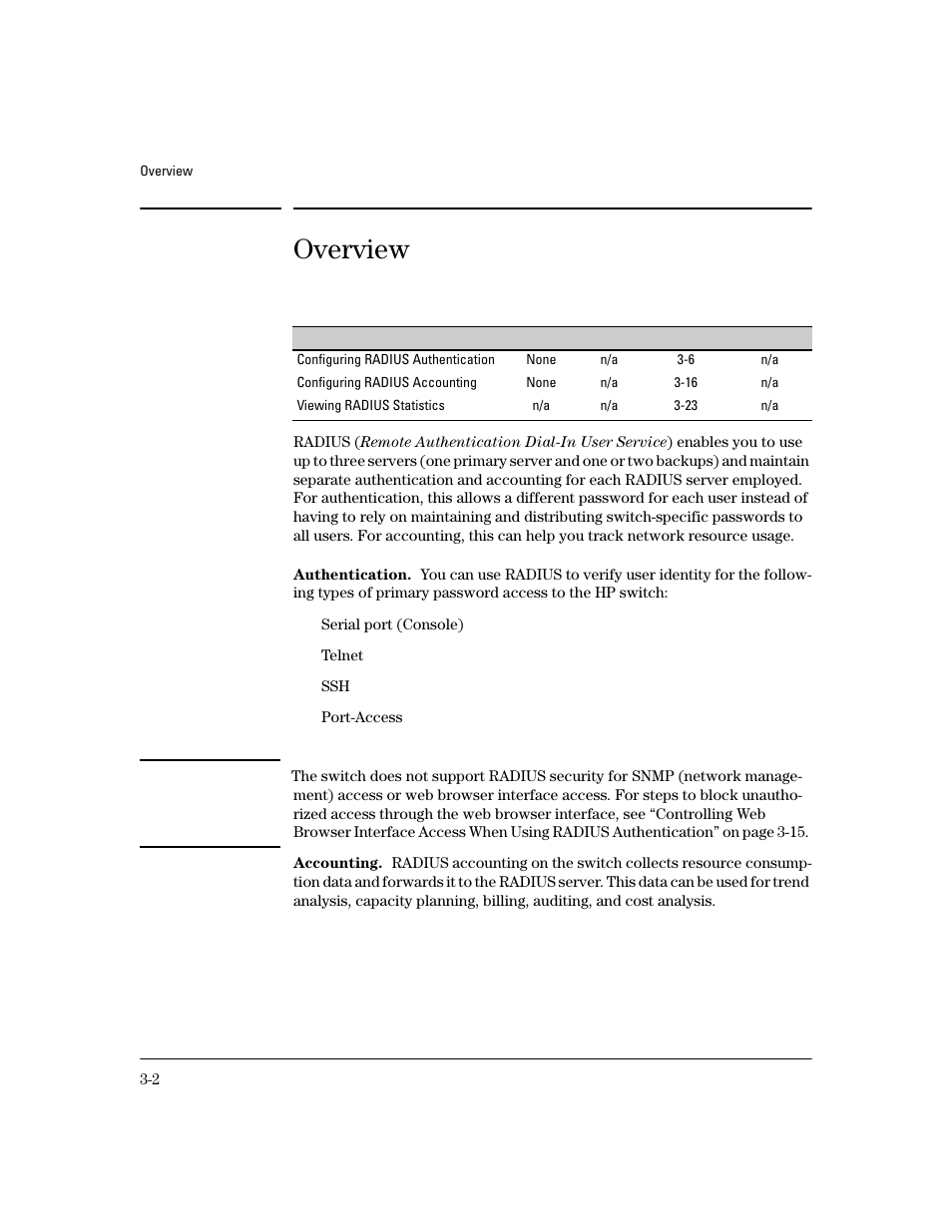 Overview, Authentication, Accounting | HP 4100GL User Manual | Page 56 / 228