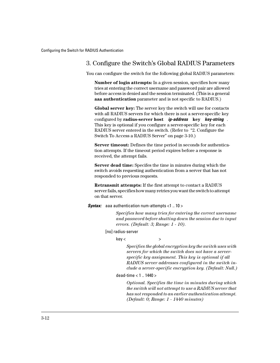 Configure the switch’s global radius parameters | HP 4100GL User Manual | Page 66 / 228