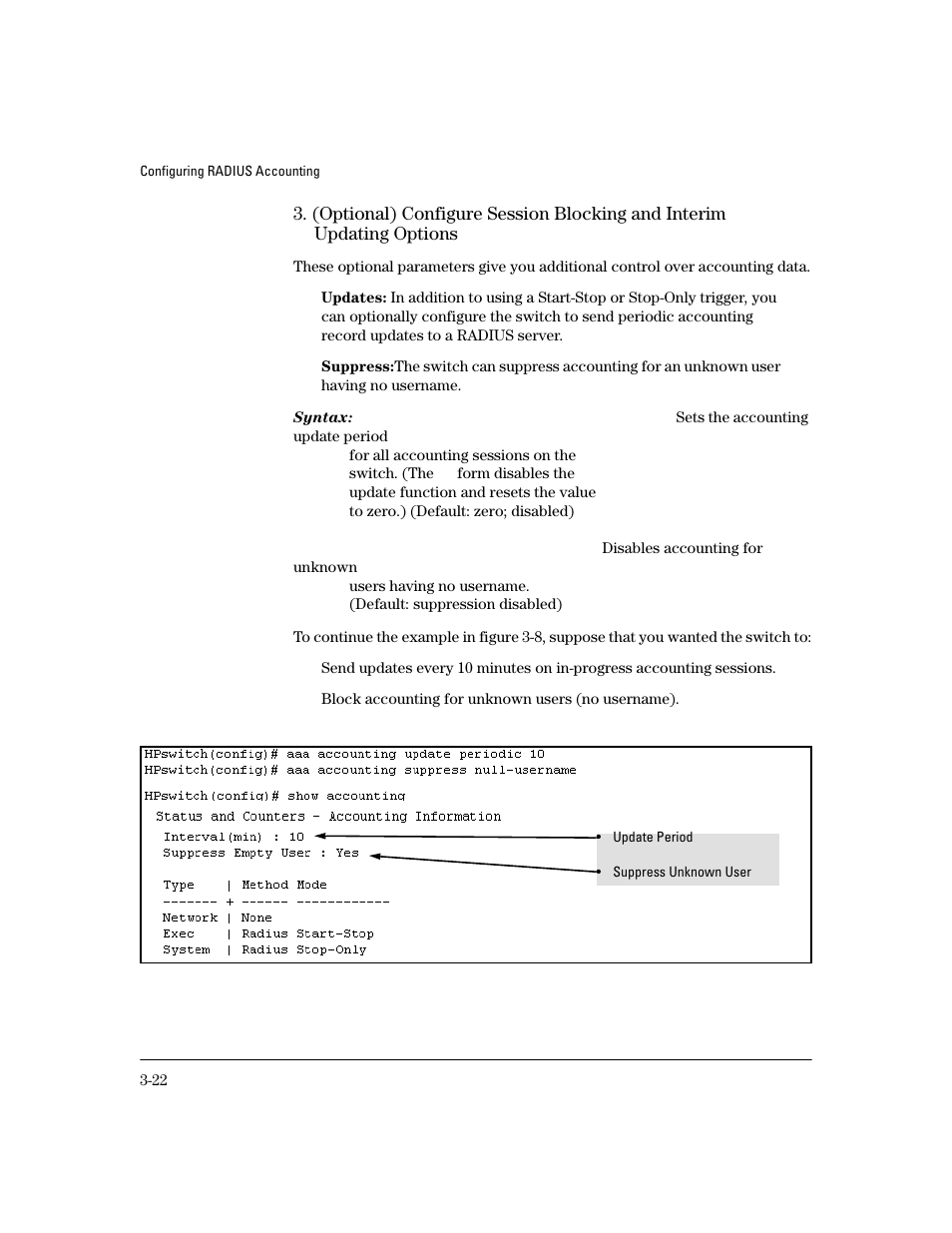 (optional) configure session blocking and, Interim updating options -22, (optional) configure session blocking and interim | Updating options -22 | HP 4100GL User Manual | Page 76 / 228