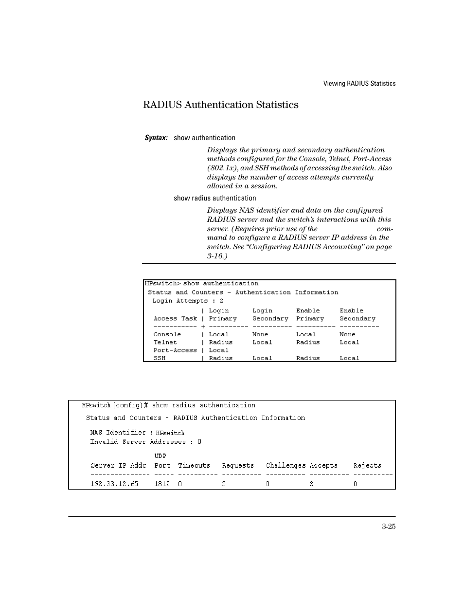 Radius authentication statistics, Radius authentication statistics -25 | HP 4100GL User Manual | Page 79 / 228