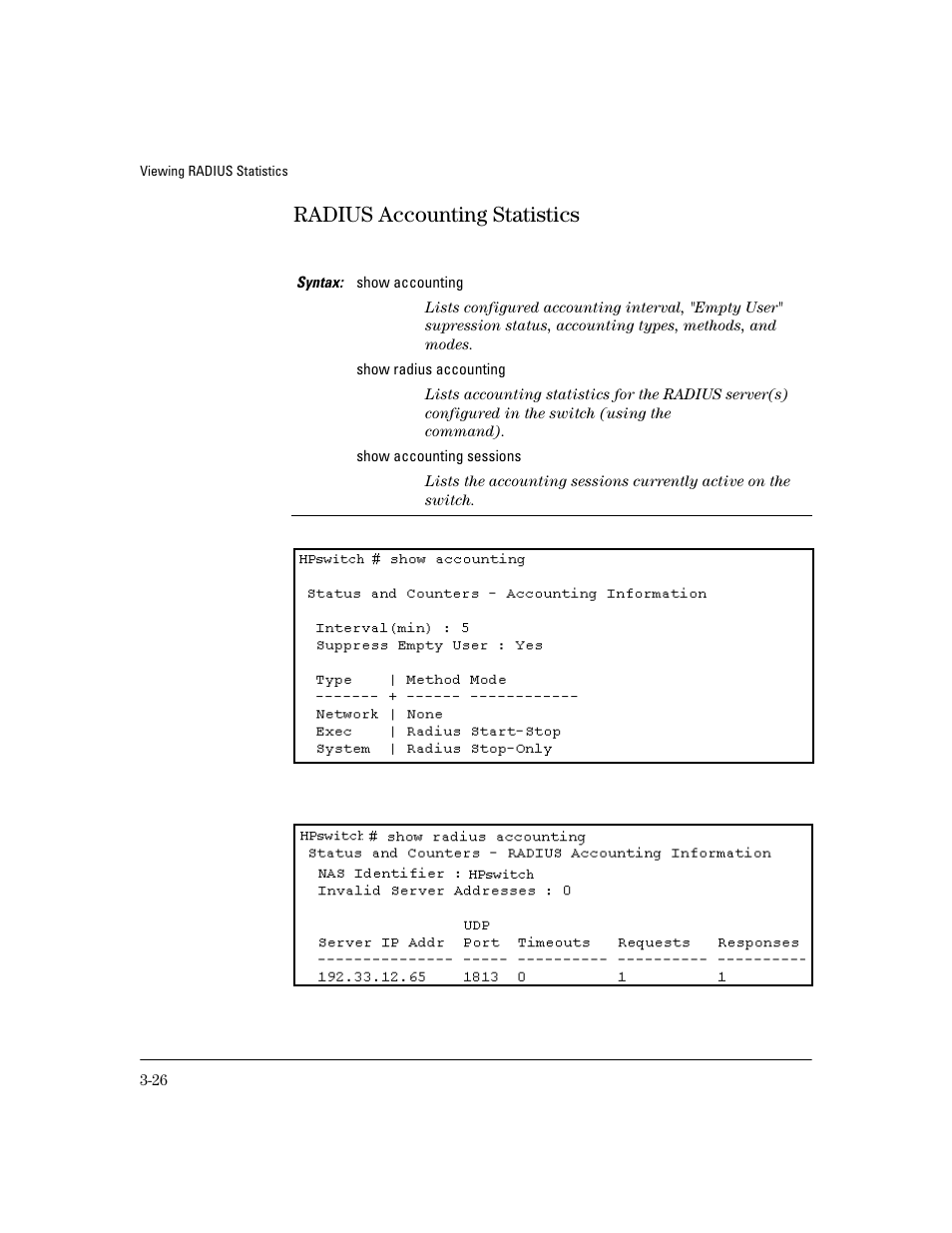 Radius accounting statistics, Radius accounting statistics -26 | HP 4100GL User Manual | Page 80 / 228
