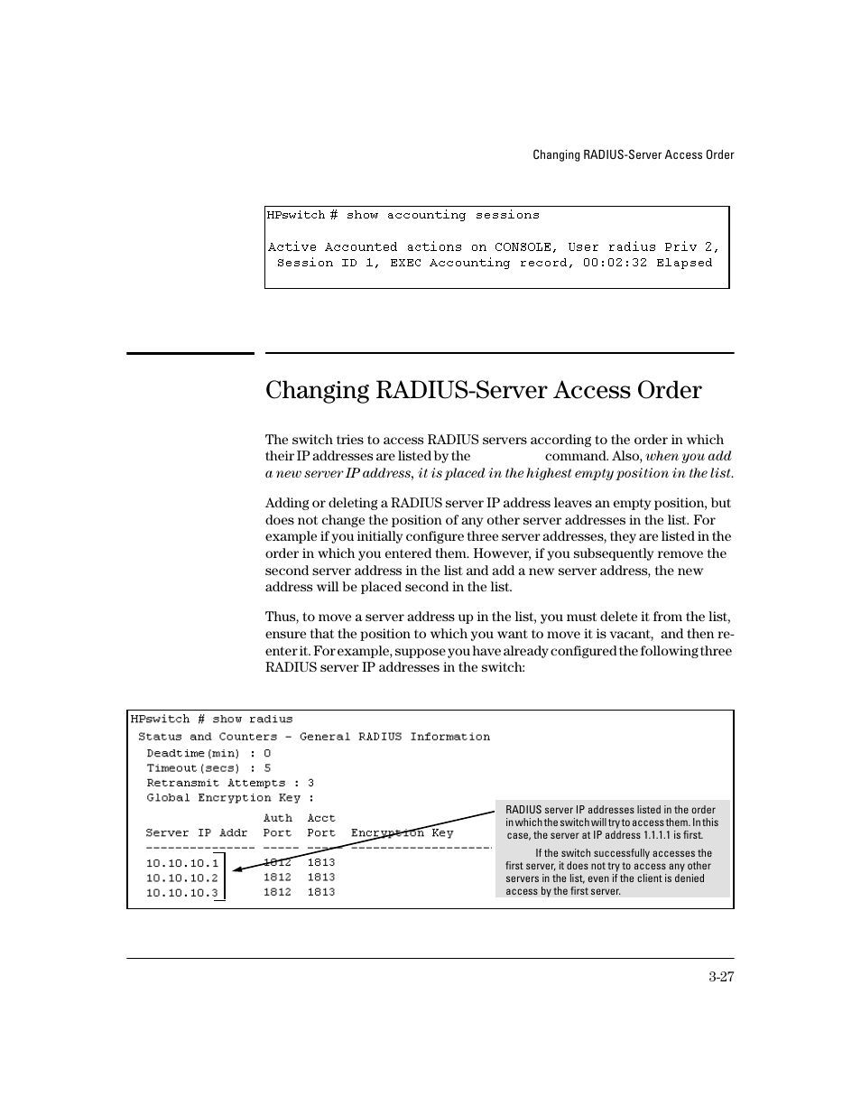 Changing radius-server access order | HP 4100GL User Manual | Page 81 / 228