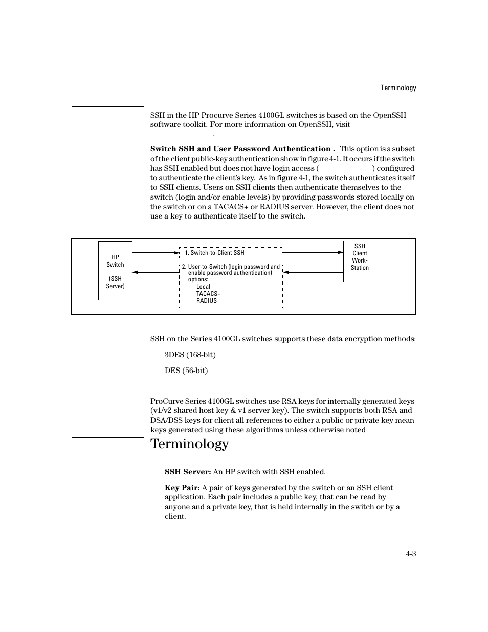 Switch ssh and user password authentication, Terminology | HP 4100GL User Manual | Page 87 / 228