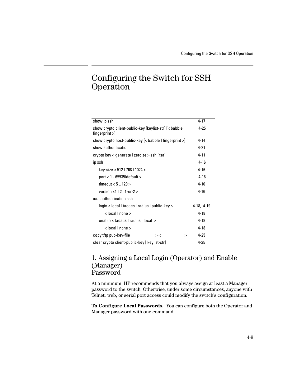 Configuring the switch for ssh operation, To configure local passwords, Assigning a local login (operator) and | Enable (manager) password -9, Password -9, E 4-9 | HP 4100GL User Manual | Page 93 / 228