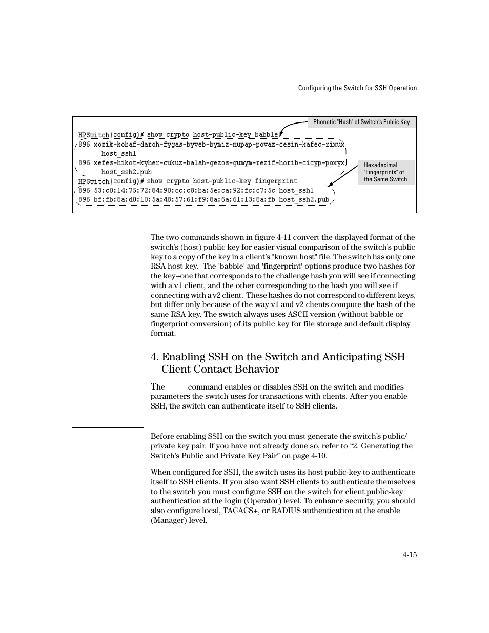 Enabling ssh on the switch and anticipating ssh, Client contact behavior -15 | HP 4100GL User Manual | Page 99 / 228