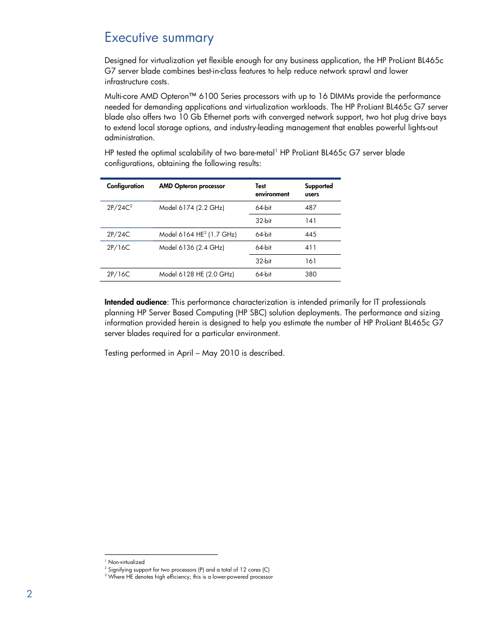 Executive summary | HP PROLIANT BL465C G7 User Manual | Page 2 / 30