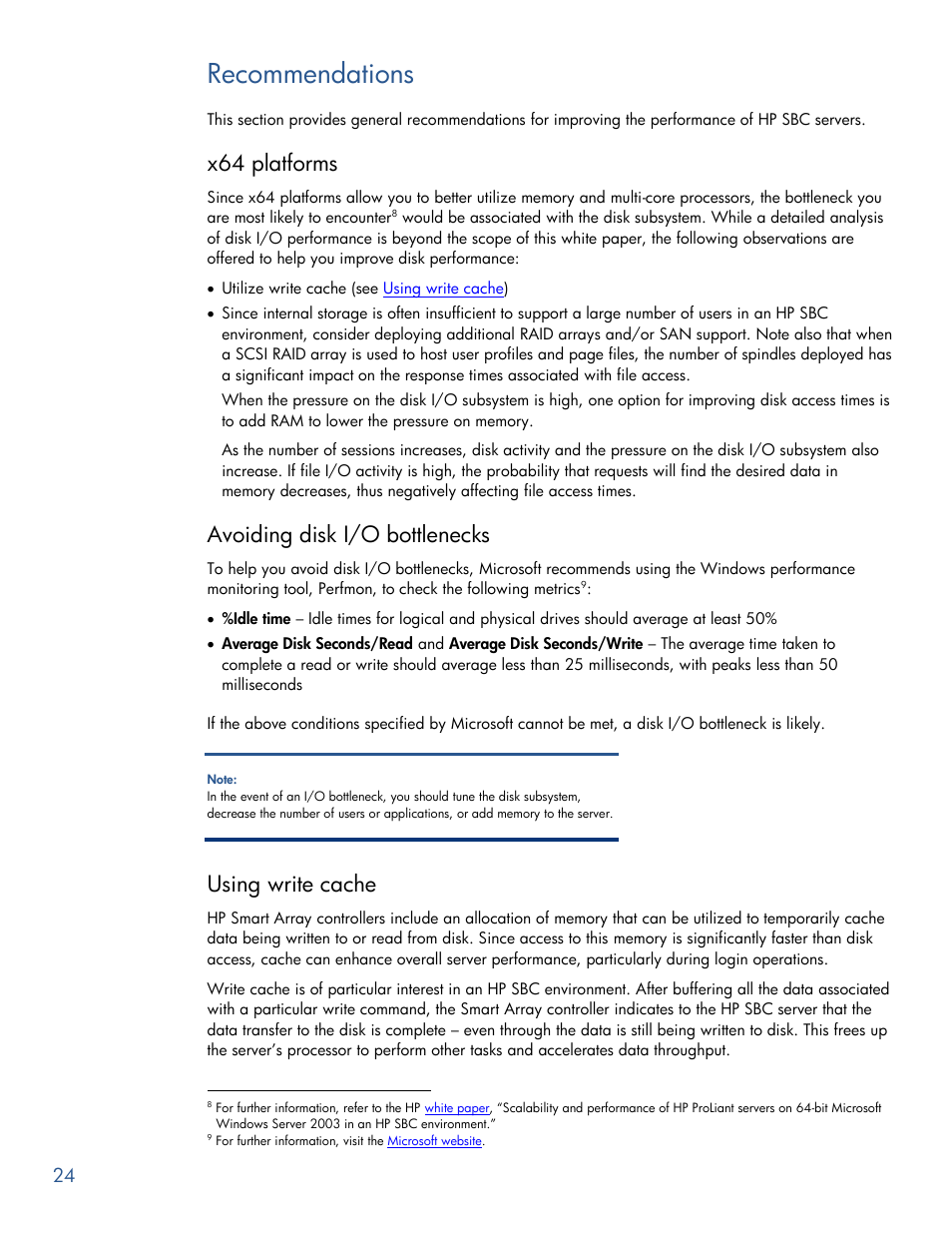Recommendations, X64 platforms, Avoiding disk i/o bottlenecks | Using write cache | HP PROLIANT BL465C G7 User Manual | Page 24 / 30