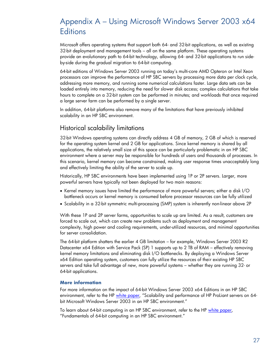 Historical scalability limitations, Appendix a – using microsoft windows server 2003, X64 editions | Editions | HP PROLIANT BL465C G7 User Manual | Page 27 / 30