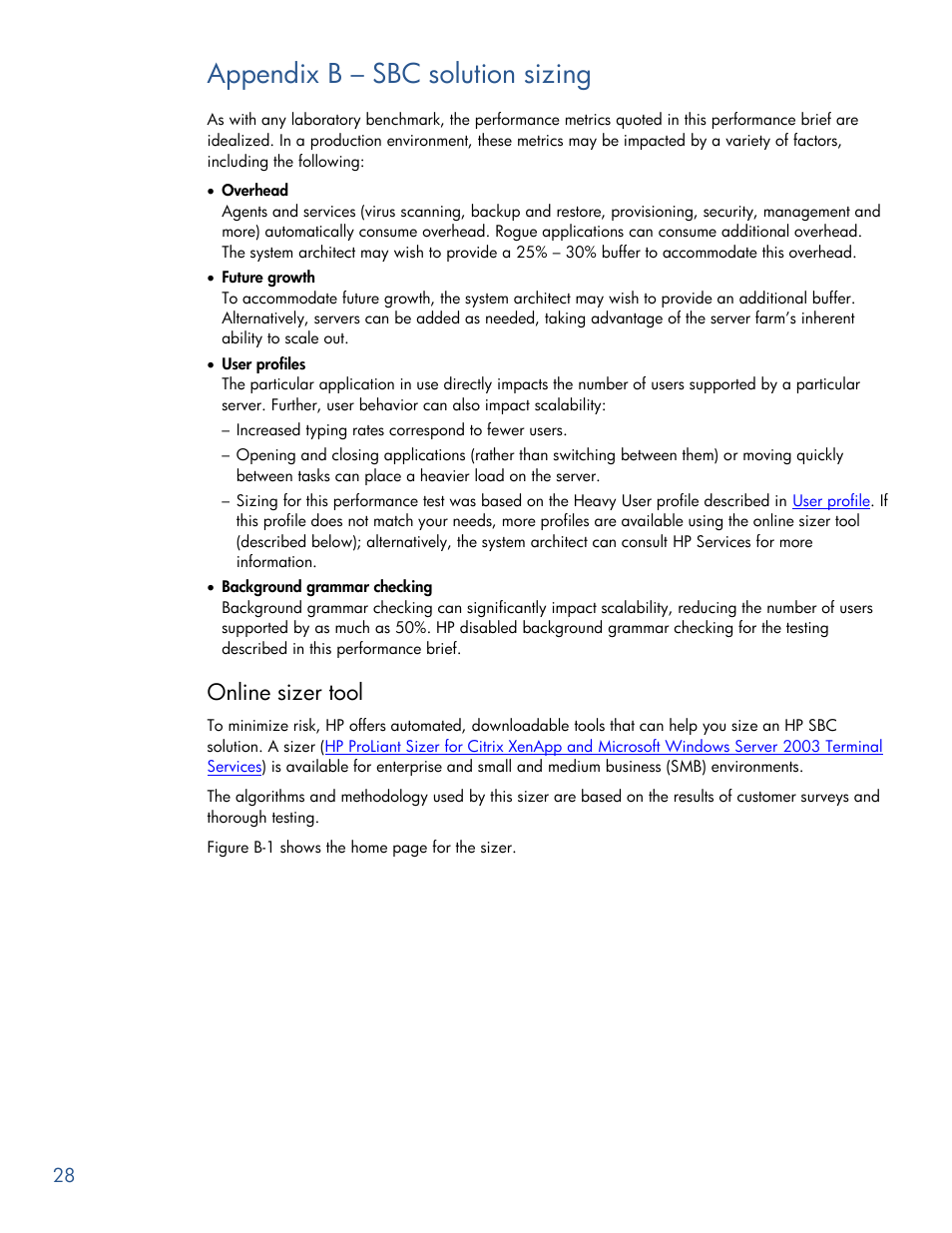 Appendix b – sbc solution sizing, Online sizer tool | HP PROLIANT BL465C G7 User Manual | Page 28 / 30
