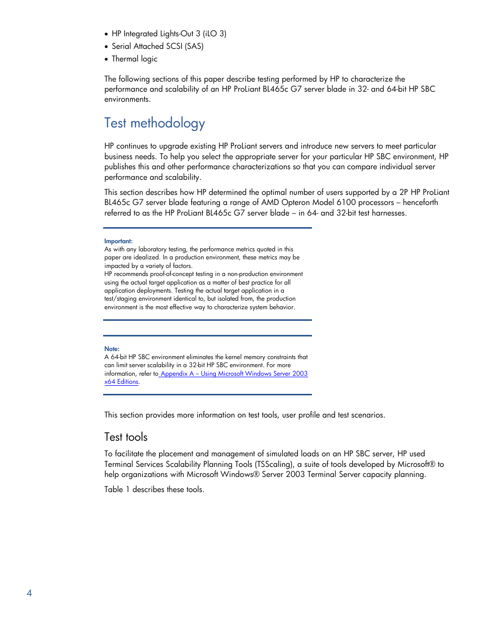 Test methodology, Test tools | HP PROLIANT BL465C G7 User Manual | Page 4 / 30