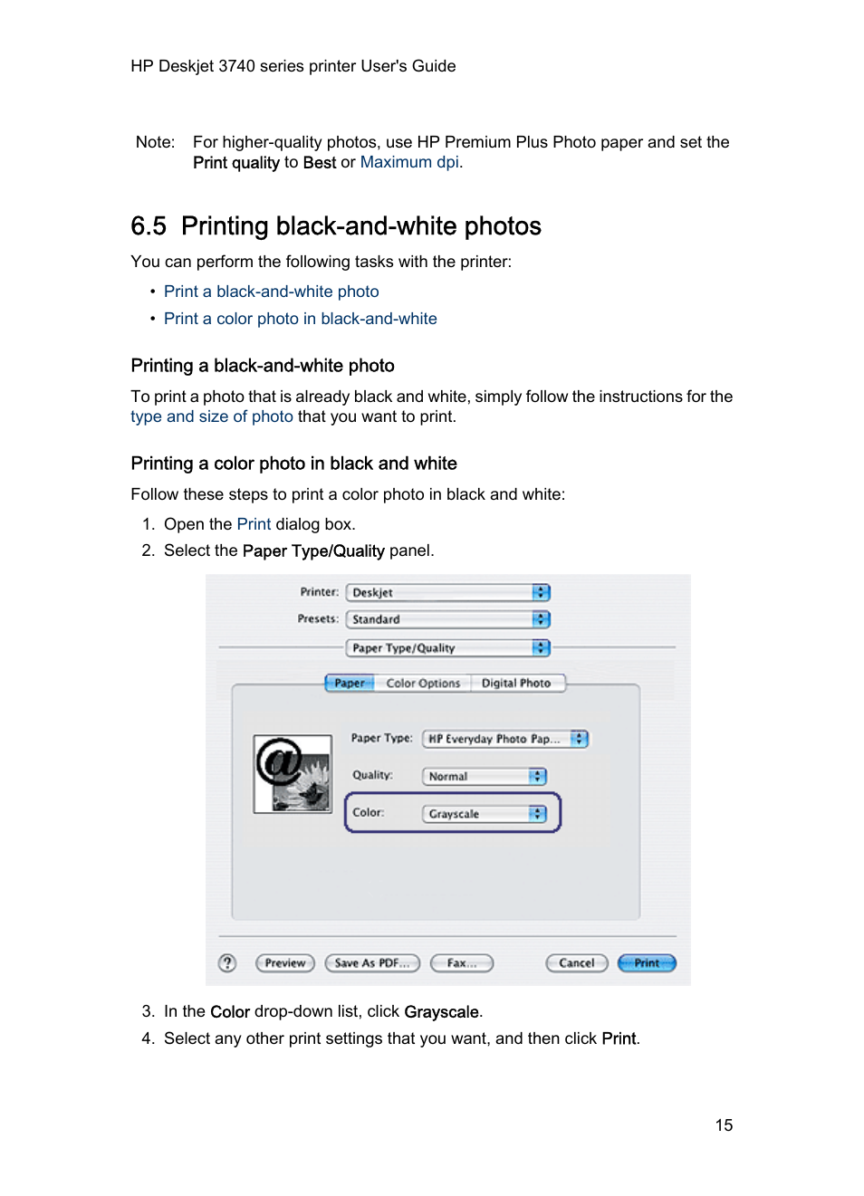 5 printing black-and-white photos, Printing a black-and-white photo, Printing a color photo in black and white | Black-and-white photos | HP 3740 series User Manual | Page 15 / 78