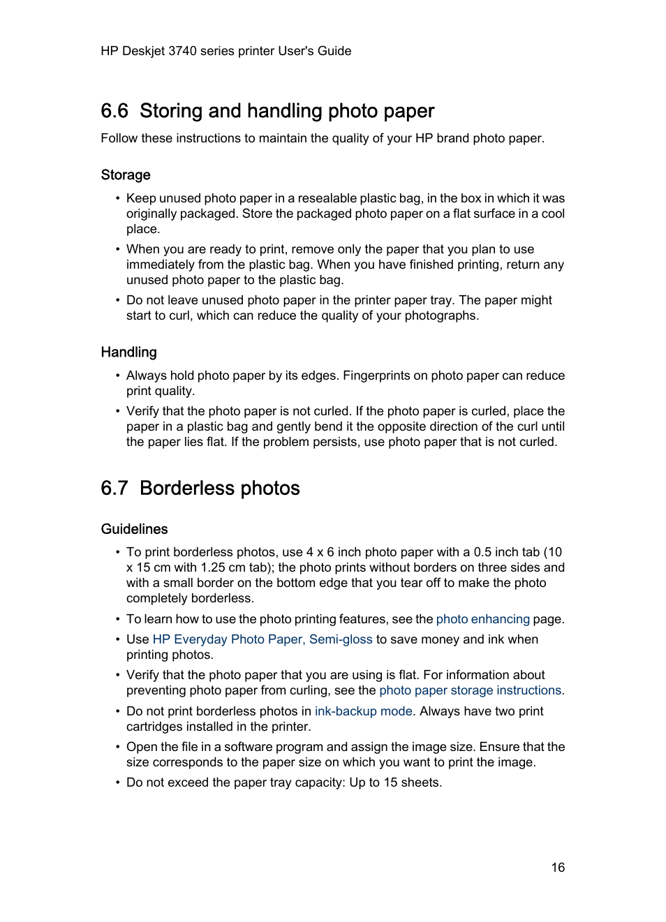 6 storing and handling photo paper, Storage, Handling | 7 borderless photos, Guidelines, Borderless printing, Feature, Small borderless photo, Photo paper storage guidelines | HP 3740 series User Manual | Page 16 / 78