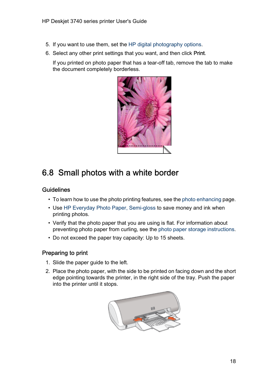 8 small photos with a white border, Guidelines, Preparing to print | Small photo with a white, Border | HP 3740 series User Manual | Page 18 / 78