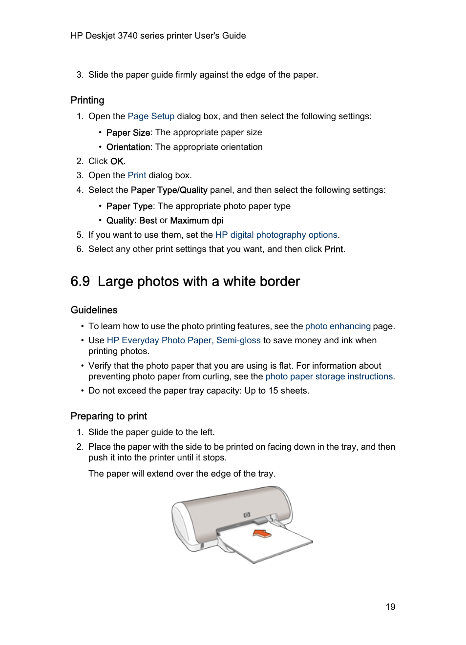 Printing, 9 large photos with a white border, Guidelines | Preparing to print, Large photo with a white border | HP 3740 series User Manual | Page 19 / 78