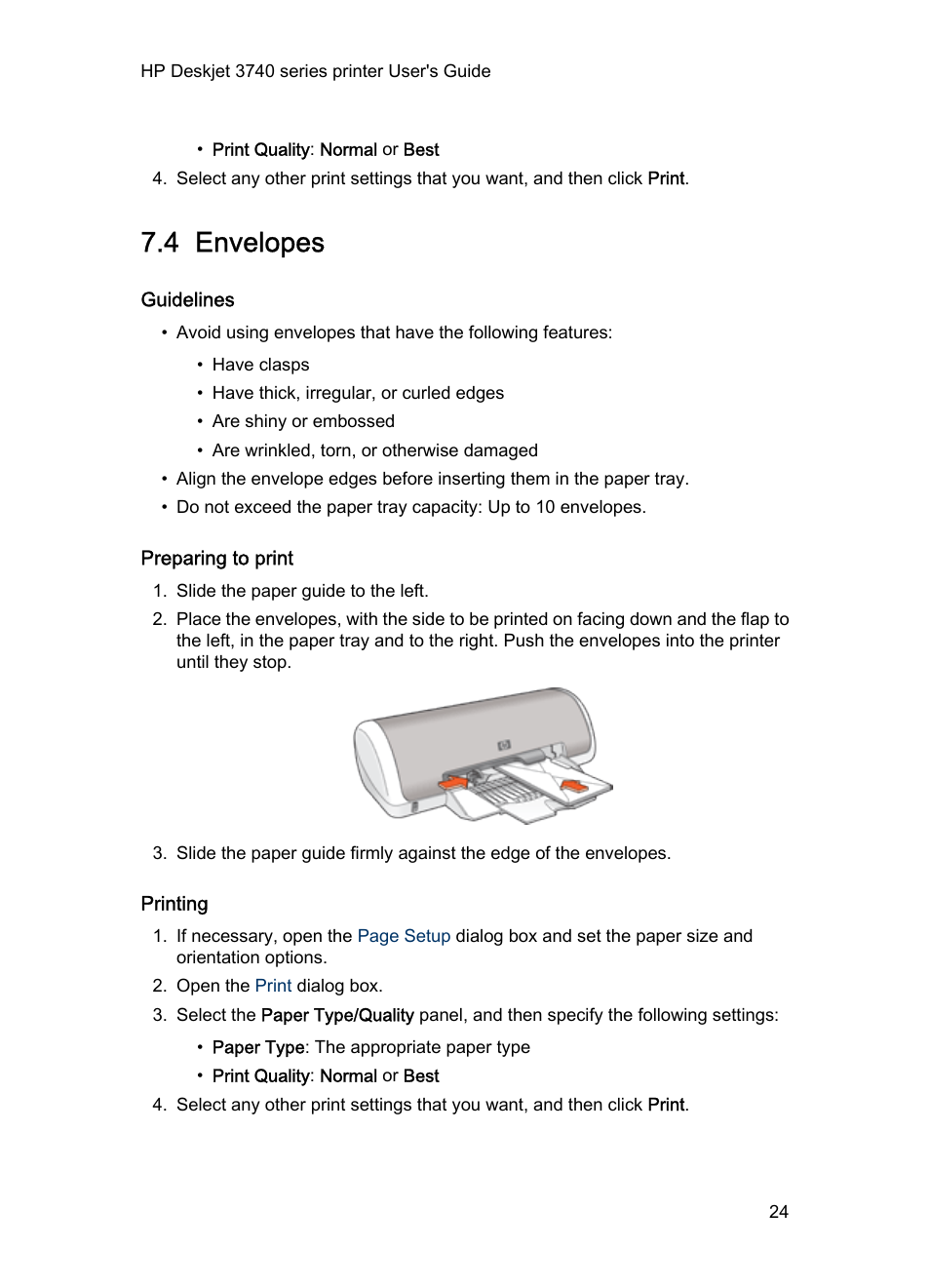 4 envelopes, Guidelines, Preparing to print | Printing, Envelopes | HP 3740 series User Manual | Page 24 / 78