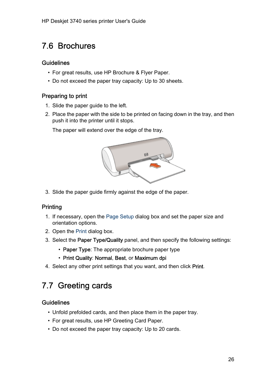 6 brochures, Guidelines, Preparing to print | Printing, 7 greeting cards, Brochures, Greeting cards | HP 3740 series User Manual | Page 26 / 78