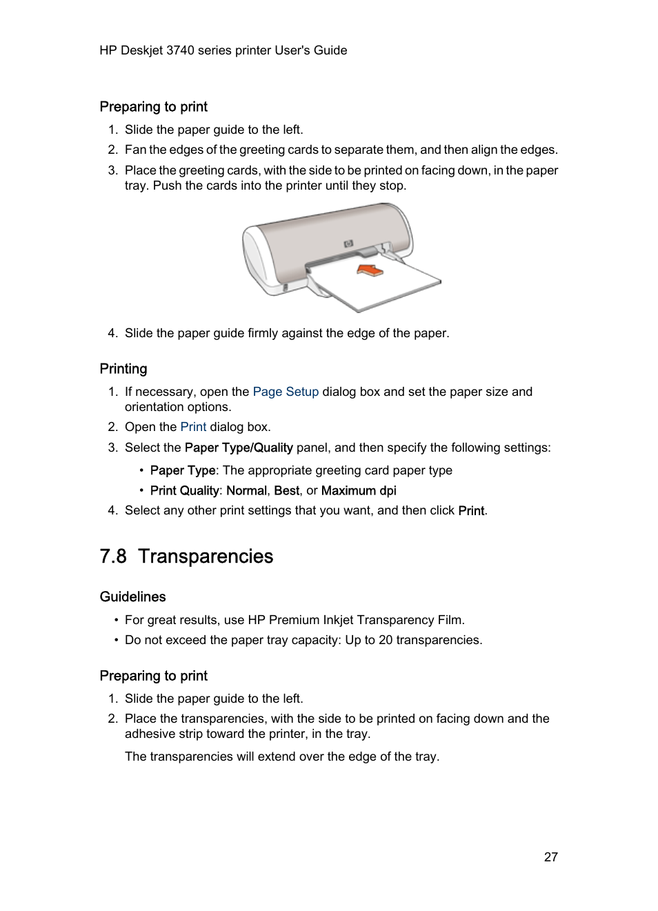 Preparing to print, Printing, 8 transparencies | Guidelines, Transparencies | HP 3740 series User Manual | Page 27 / 78