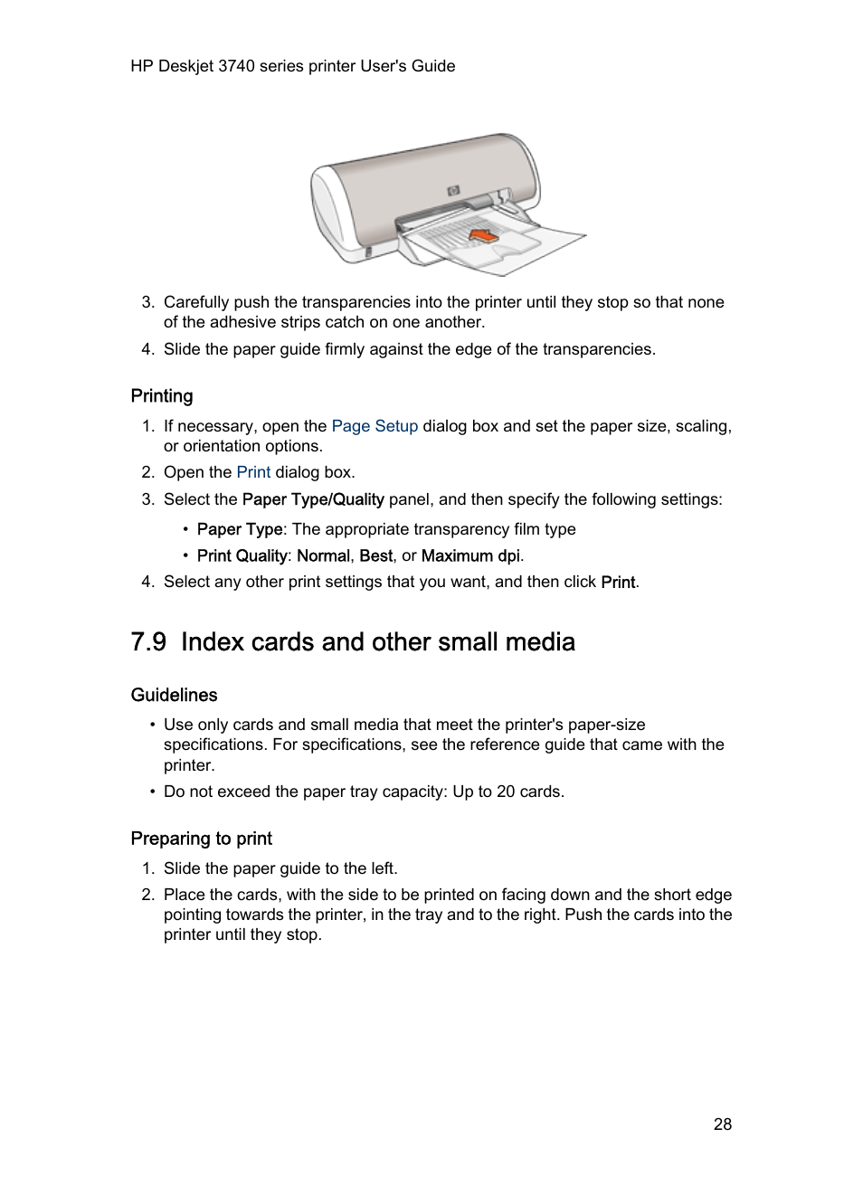 Printing, 9 index cards and other small media, Guidelines | Preparing to print, Index cards | HP 3740 series User Manual | Page 28 / 78