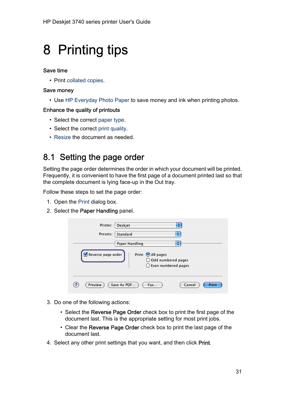 8 printing tips, Printing tips, These | 1 setting the page order | HP 3740 series User Manual | Page 31 / 78