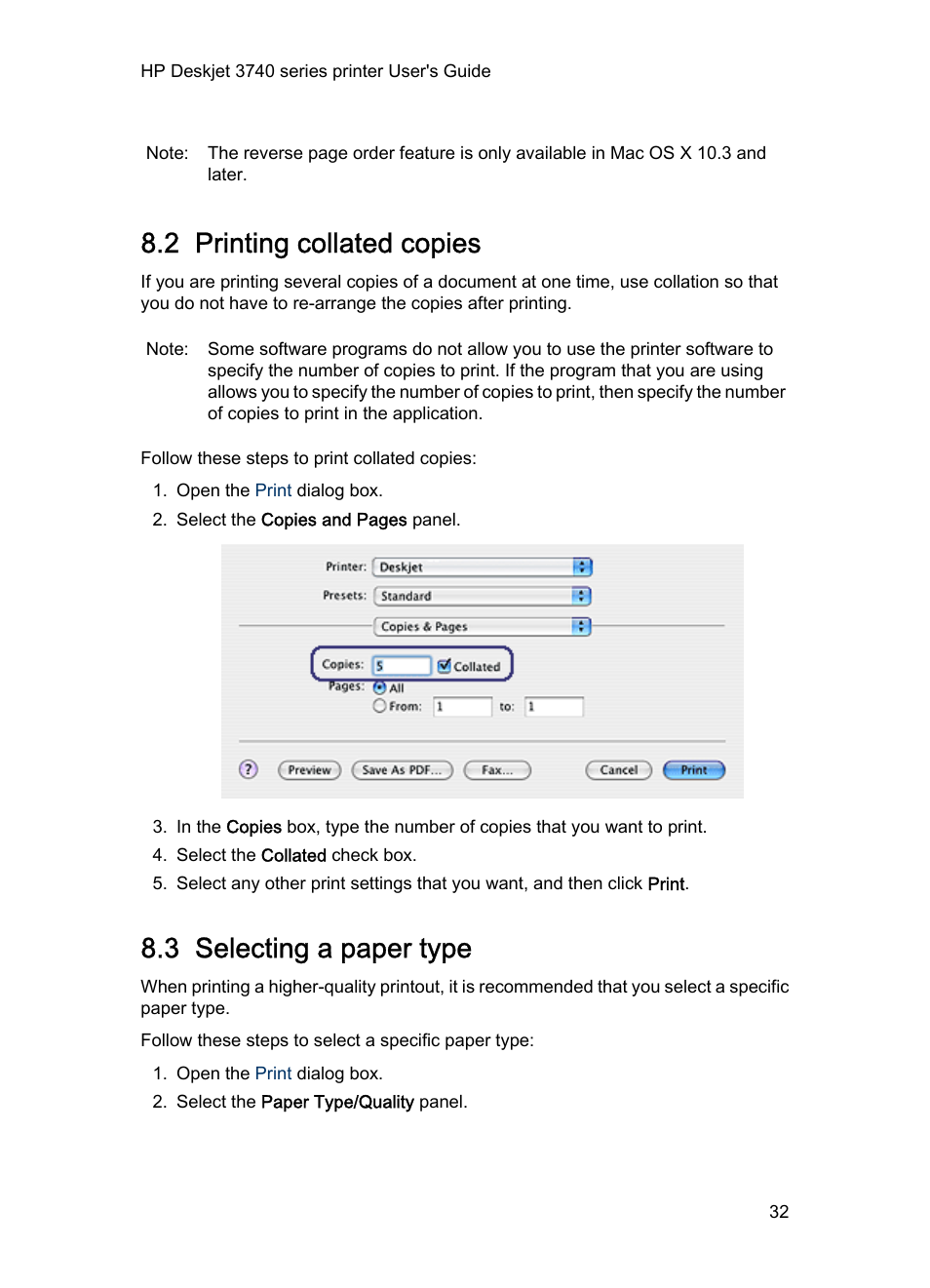 2 printing collated copies, 3 selecting a paper type, Collated copies | Select the correct, Paper type | HP 3740 series User Manual | Page 32 / 78