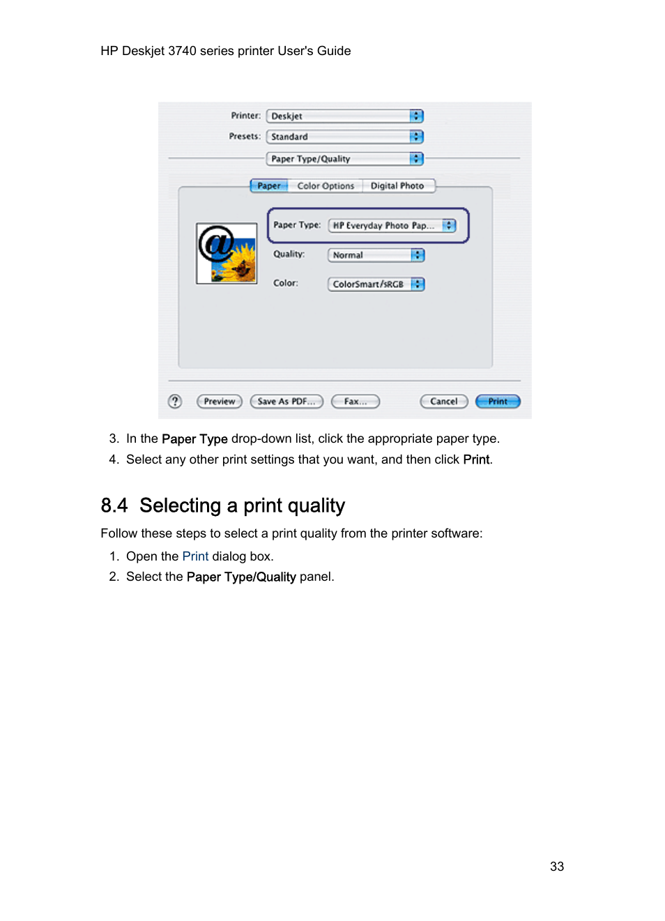 4 selecting a print quality, Select the correct, Print quality | HP 3740 series User Manual | Page 33 / 78