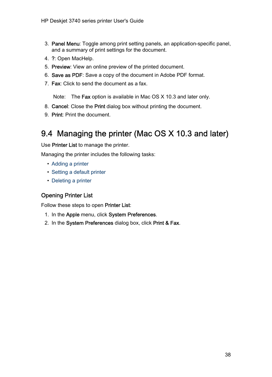 4 managing the printer (mac os x 10.3 and later), Opening printer list, Managing the printer (mac os x 10.3 and later) | HP 3740 series User Manual | Page 38 / 78