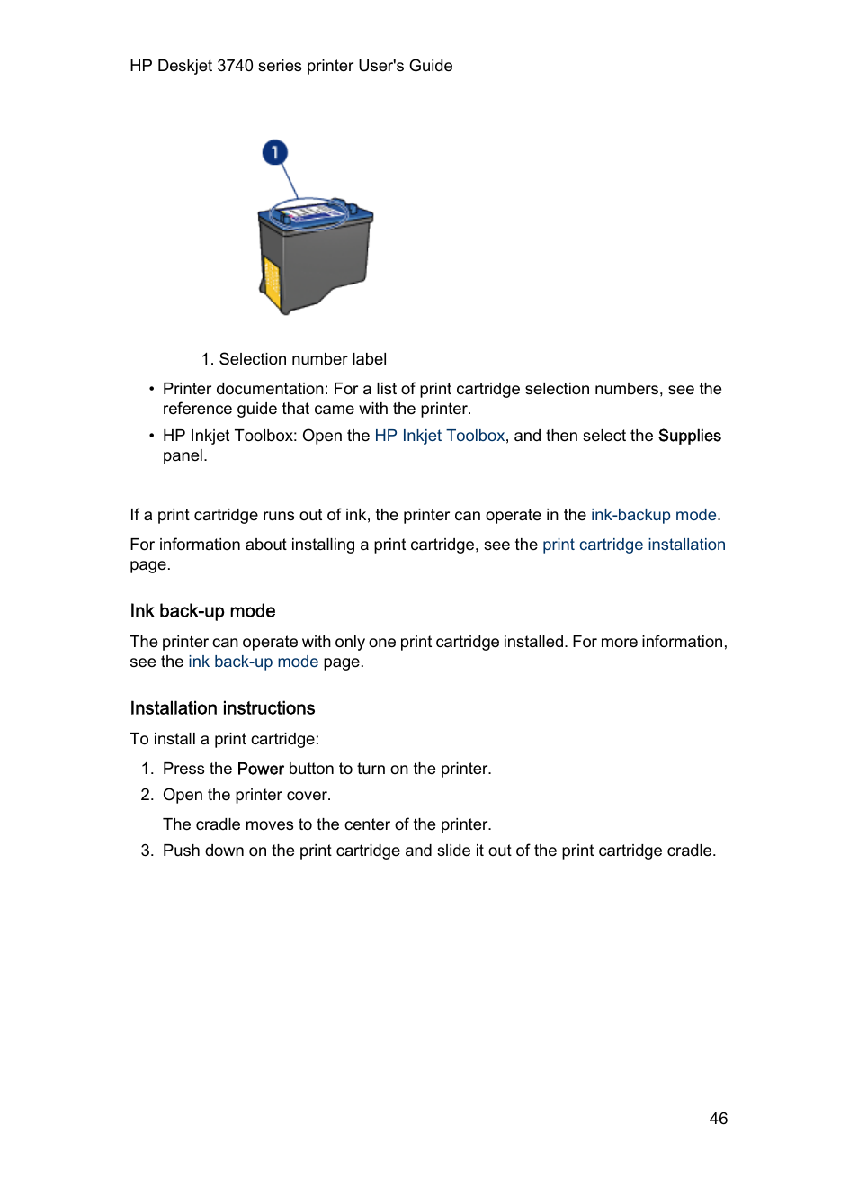 Ink back-up mode, Installation instructions | HP 3740 series User Manual | Page 46 / 78