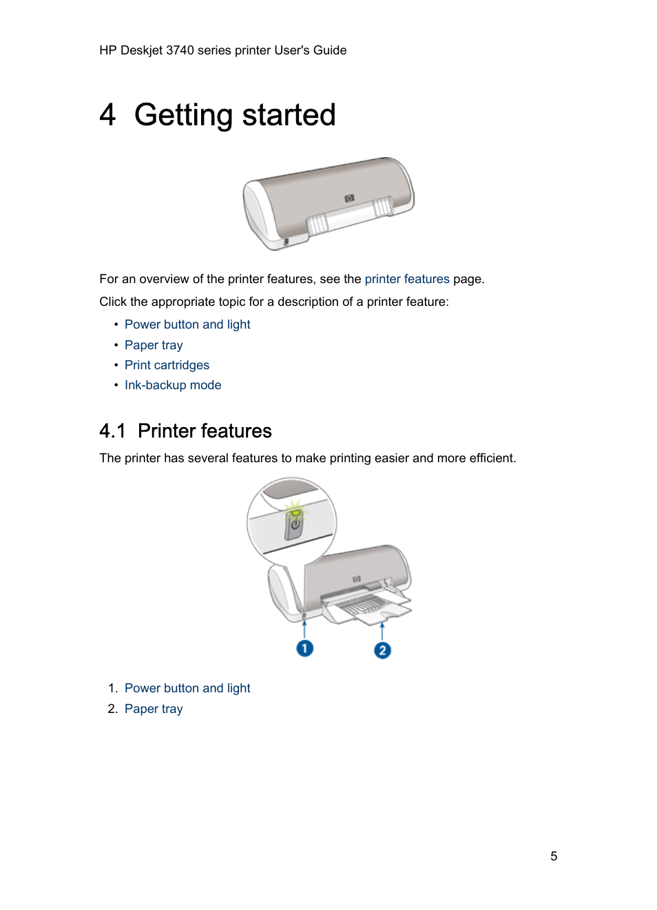 4 getting started, 1 printer features, Getting started | HP 3740 series User Manual | Page 5 / 78